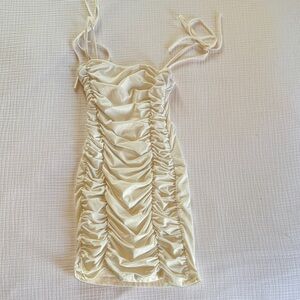 Ruched Satin Mini Dress in Cream